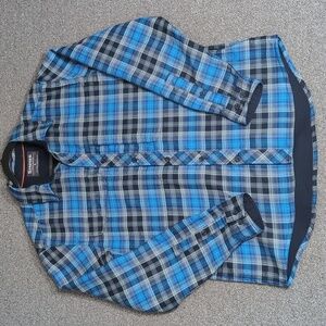 Simms Guide Flannel Button Down Technical Fishing Shirt Size Large Blue Plaid